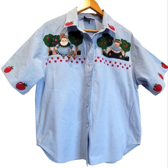 XL 100% Cotton Aplique Button Down Short Sleeve Denim Shirt - Picture 1 of 5
